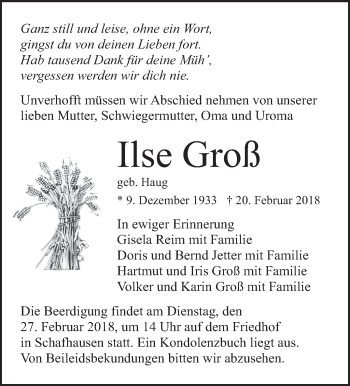 Traueranzeige von Ilse Gross von Leonberger Kreiszeitung / Strohgäu Extra