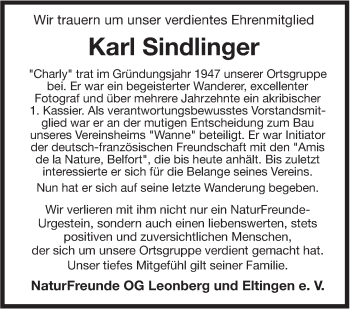 Traueranzeige von Karl Sindlinger von Leonberger Kreiszeitung / Strohgäu Extra