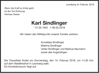 Traueranzeige von Karl Sindlinger von Leonberger Kreiszeitung / Strohgäu Extra