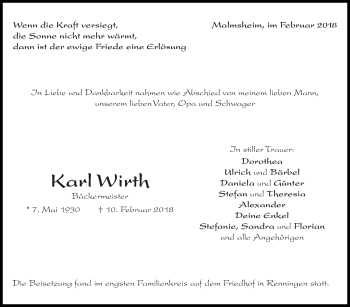 Traueranzeige von Karl Wirth von Leonberger Kreiszeitung / Strohgäu Extra