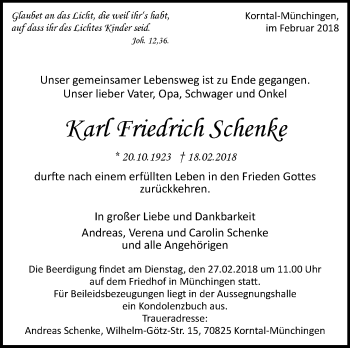 Traueranzeige von Karl Friedrich Schenke von Leonberger Kreiszeitung / Strohgäu Extra