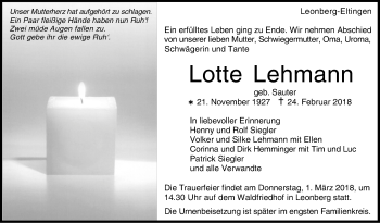 Traueranzeige von Lotte Lehmann von Leonberger Kreiszeitung / Strohgäu Extra