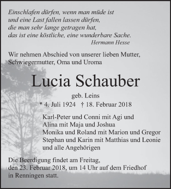 Traueranzeige von Lucia Schauber von Leonberger Kreiszeitung / Strohgäu Extra