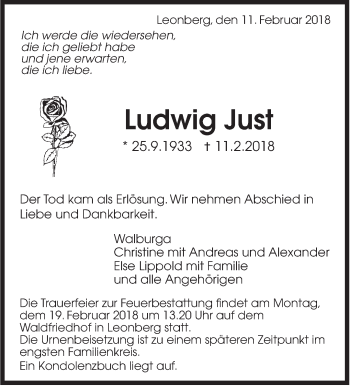 Traueranzeige von Ludwig Just von Leonberger Kreiszeitung / Strohgäu Extra