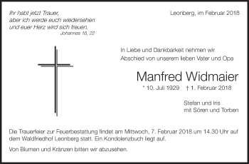 Traueranzeige von Manfred Widmaier von Leonberger Kreiszeitung / Strohgäu Extra
