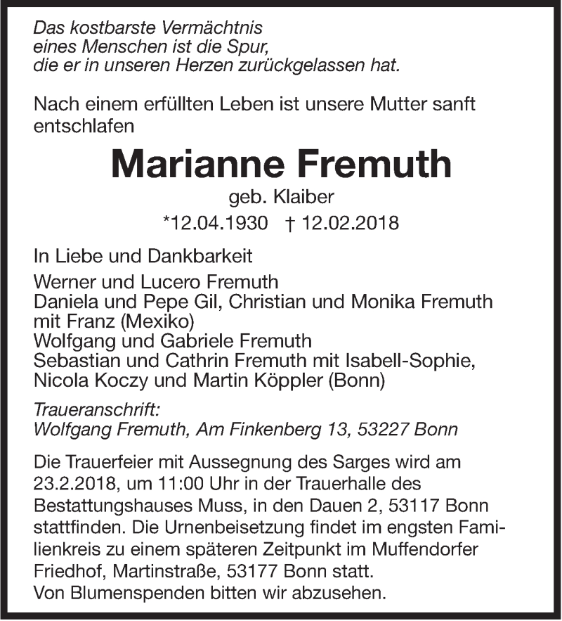  Traueranzeige für Marianne Fremuth vom 15.02.2018 aus Leonberger Kreiszeitung / Strohgäu Extra