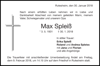 Traueranzeige von Max Spleiß von Leonberger Kreiszeitung / Strohgäu Extra