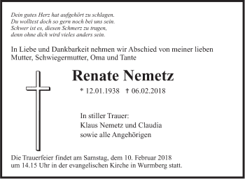 Traueranzeige von Renate Nemetz von Leonberger Kreiszeitung / Strohgäu Extra