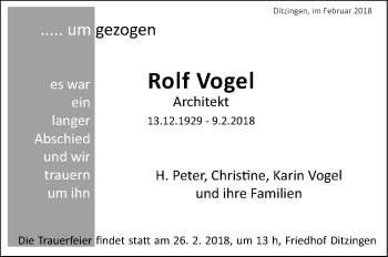Traueranzeige von Rolf Vogel von Leonberger Kreiszeitung / Strohgäu Extra