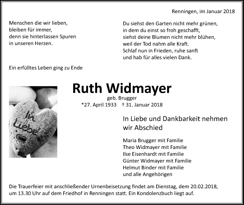  Traueranzeige für Ruth Widmayer vom 09.02.2018 aus Leonberger Kreiszeitung / Strohgäu Extra