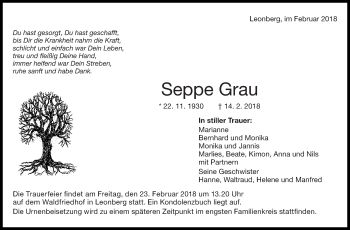 Traueranzeige von Seppe Grau von Leonberger Kreiszeitung / Strohgäu Extra