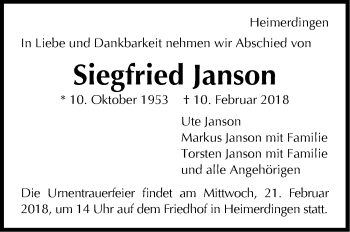Traueranzeige von Siegfried Janson von Leonberger Kreiszeitung / Strohgäu Extra