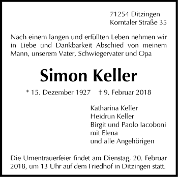 Traueranzeige von Simon Keller von Leonberger Kreiszeitung / Strohgäu Extra