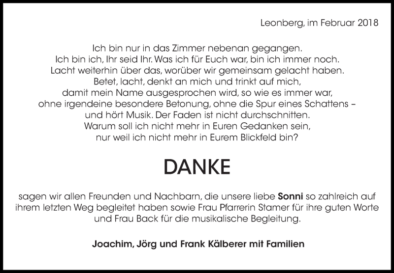  Traueranzeige für Sonnhild Kälberer vom 17.02.2018 aus Leonberger Kreiszeitung / Strohgäu Extra