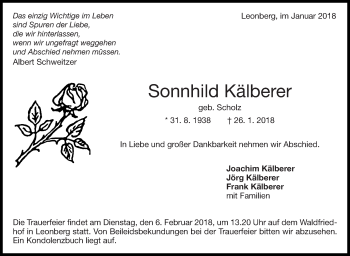 Traueranzeige von Sonnhild Kälberer von Leonberger Kreiszeitung / Strohgäu Extra