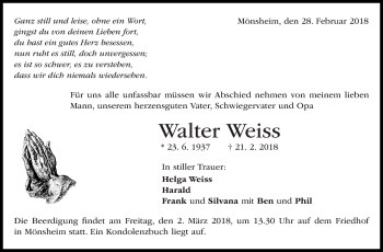 Traueranzeige von Walter Weiss von Leonberger Kreiszeitung / Strohgäu Extra