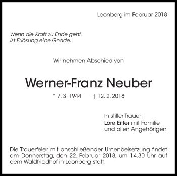 Traueranzeige von Werner-Franz Neuber von Leonberger Kreiszeitung / Strohgäu Extra