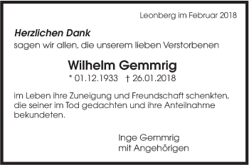 Traueranzeige von Wilhelm Gemmrig von Leonberger Kreiszeitung / Strohgäu Extra