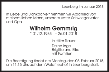 Traueranzeige von Wilhelm Gemmrig von Leonberger Kreiszeitung / Strohgäu Extra