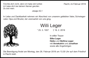Traueranzeige von Willi Leger von Leonberger Kreiszeitung / Strohgäu Extra