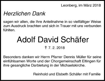 Traueranzeige von Adolf David Schäfer von Leonberger Kreiszeitung / Strohgäu Extra