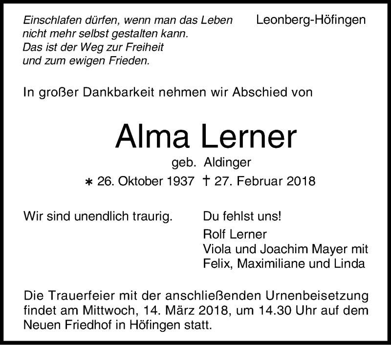  Traueranzeige für Alma Lerner vom 08.03.2018 aus Leonberger Kreiszeitung / Strohgäu Extra