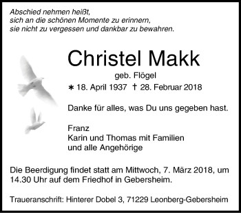 Traueranzeige von Christel Makk von Leonberger Kreiszeitung / Strohgäu Extra