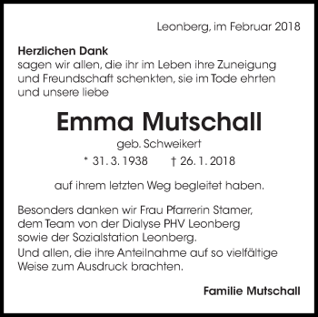 Traueranzeige von Emma Mutschall von Leonberger Kreiszeitung / Strohgäu Extra