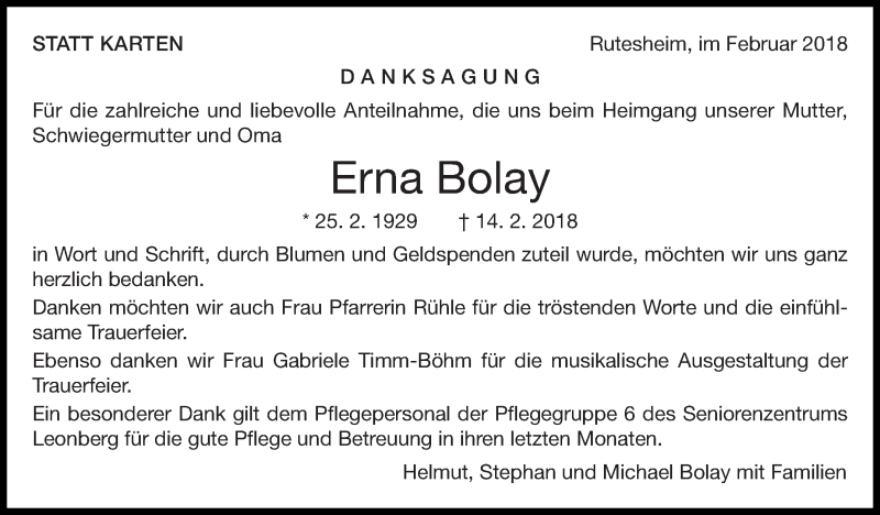  Traueranzeige für Erna Bolay vom 03.03.2018 aus Leonberger Kreiszeitung / Strohgäu Extra