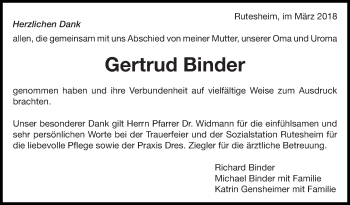 Traueranzeige von Gertrud Binder von Leonberger Kreiszeitung / Strohgäu Extra