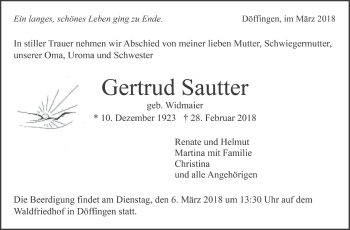 Traueranzeige von Gertrud Sautter von Leonberger Kreiszeitung / Strohgäu Extra