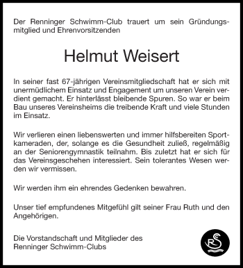 Traueranzeige von Helmut Weisert von Leonberger Kreiszeitung / Strohgäu Extra