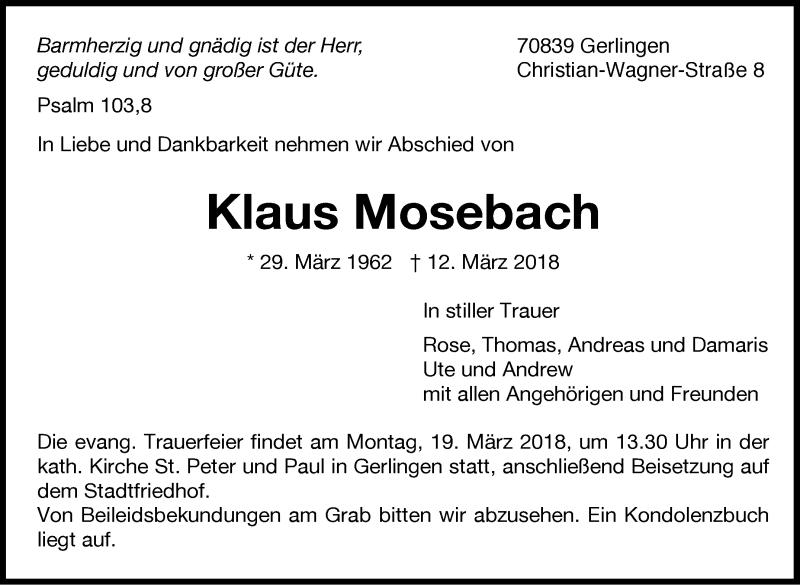  Traueranzeige für Klaus Mosebach vom 15.03.2018 aus Leonberger Kreiszeitung / Strohgäu Extra