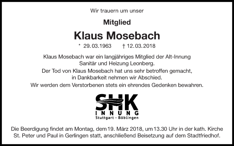  Traueranzeige für Klaus Mosebach vom 17.03.2018 aus Leonberger Kreiszeitung / Strohgäu Extra