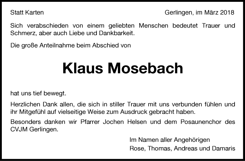  Traueranzeige für Klaus Mosebach vom 29.03.2018 aus Leonberger Kreiszeitung / Strohgäu Extra
