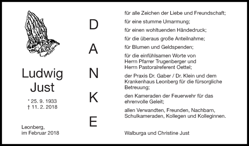  Traueranzeige für Ludwig Just vom 01.03.2018 aus Leonberger Kreiszeitung / Strohgäu Extra