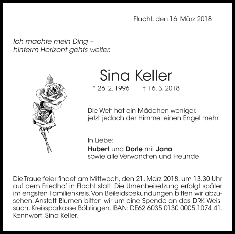  Traueranzeige für Sina Keller vom 20.03.2018 aus Leonberger Kreiszeitung / Strohgäu Extra