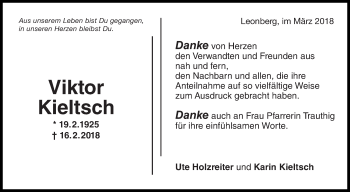 Traueranzeige von Viktor Kieltsch von Leonberger Kreiszeitung / Strohgäu Extra