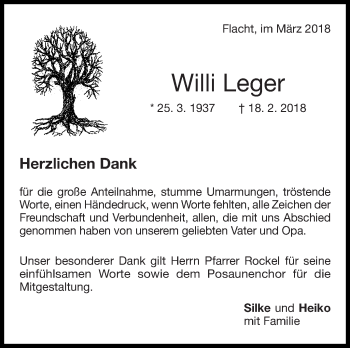Traueranzeige von Willi Leger von Leonberger Kreiszeitung / Strohgäu Extra