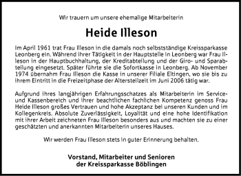 Traueranzeige von Heide Illeson von Leonberger Kreiszeitung / Strohgäu Extra