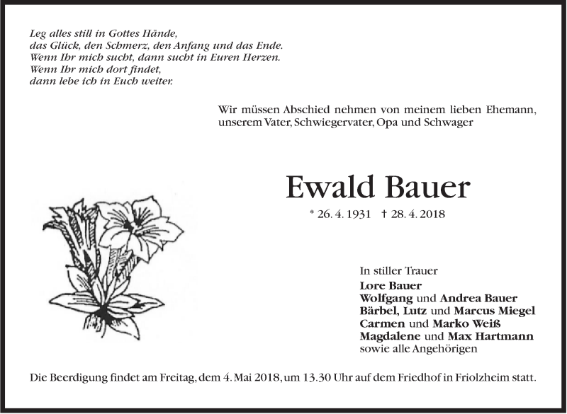  Traueranzeige für Ewald Bauer vom 02.05.2018 aus Leonberger Kreiszeitung / Strohgäu Extra