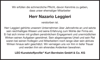 Traueranzeige von Nazario Leggieri von Leonberger Kreiszeitung / Strohgäu Extra