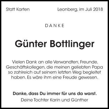 Traueranzeige von Günter Bottlinger von Leonberger Kreiszeitung / Strohgäu Extra
