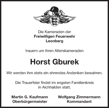 Traueranzeige von Horst Gburek von Leonberger Kreiszeitung / Strohgäu Extra