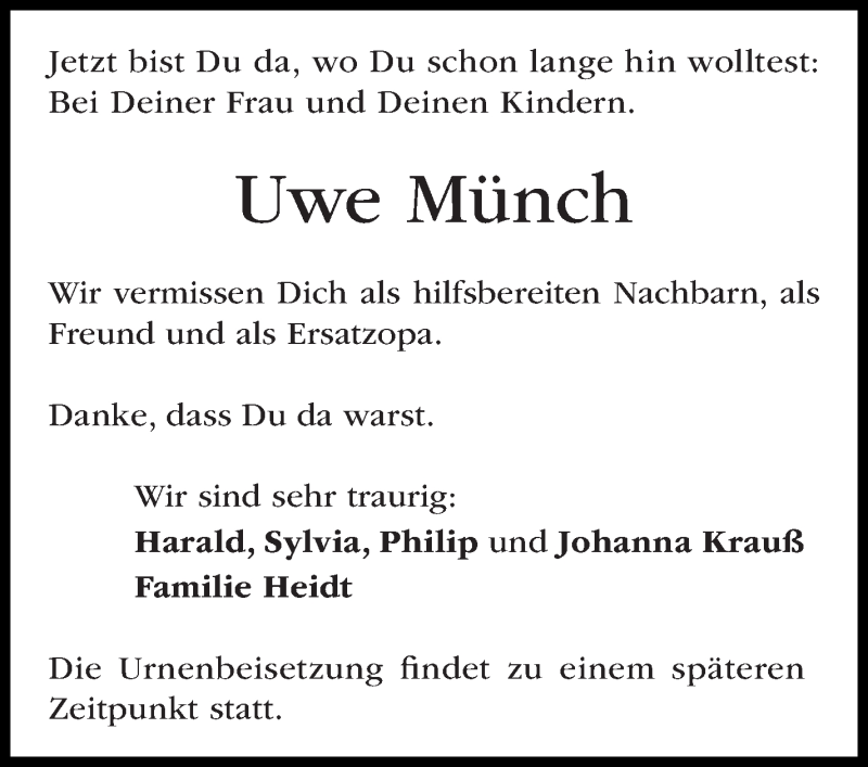  Traueranzeige für Uwe Münch vom 03.09.2018 aus Leonberger Kreiszeitung / Strohgäu Extra