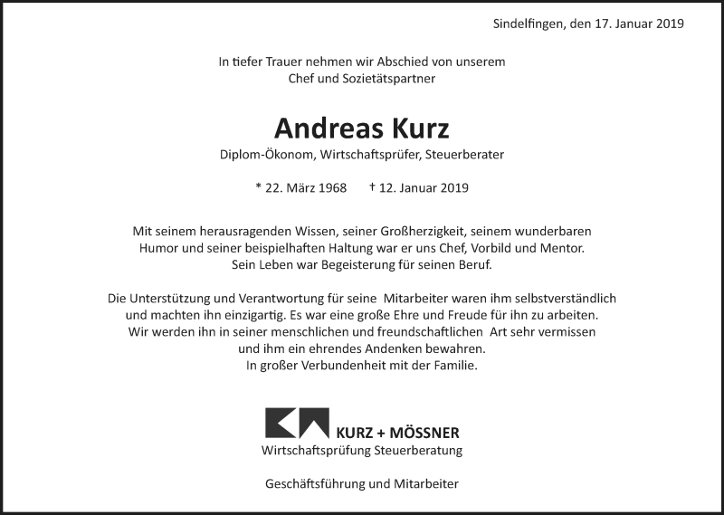  Traueranzeige für Andreas Kurz vom 17.01.2019 aus Leonberger Kreiszeitung / Strohgäu Extra