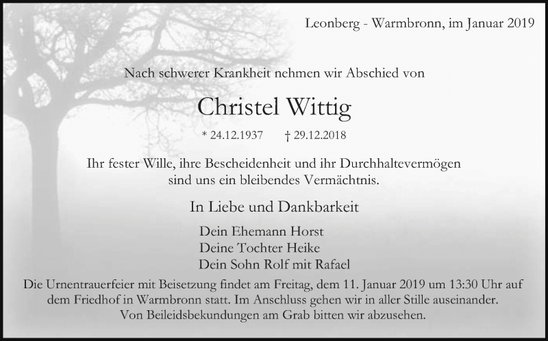 Traueranzeige für Christel Wittig vom 08.01.2019 aus Leonberger Kreiszeitung / Strohgäu Extra
