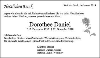 Traueranzeige von Dorothee Daniel von Leonberger Kreiszeitung / Strohgäu Extra