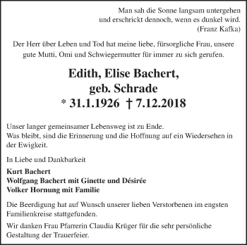 Traueranzeige von Edith Elise Bachert von Leonberger Kreiszeitung / Strohgäu Extra