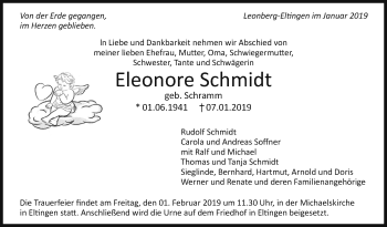 Traueranzeige von Eleonore Schmidt von Leonberger Kreiszeitung / Strohgäu Extra